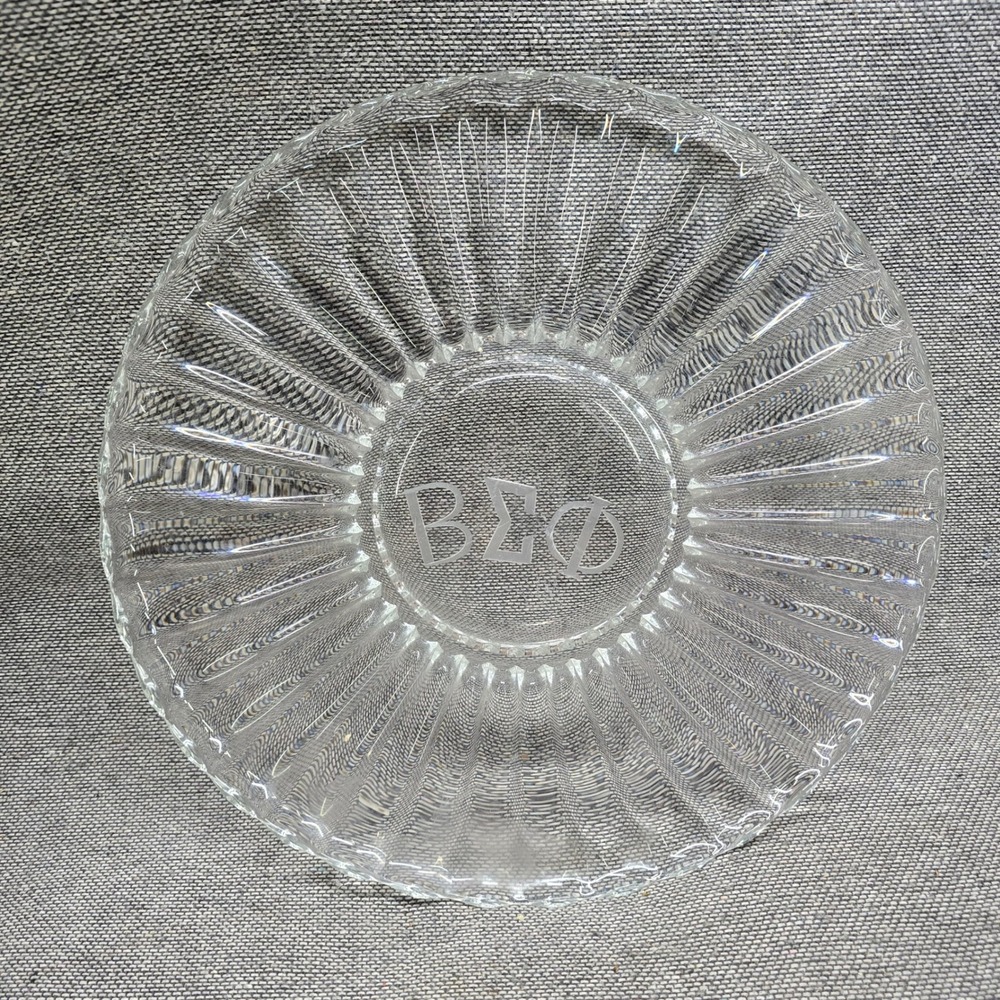 Beta Sigma Phi Glass Plate Sorority Greek Life Etched 12in Clear Fluted